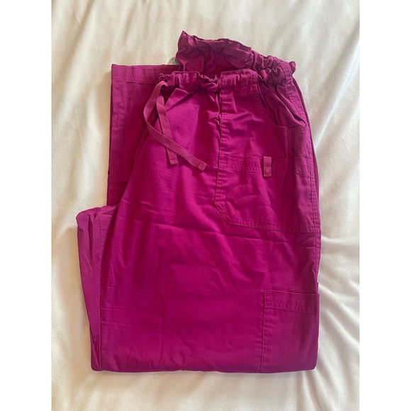 Butter-Soft Stretch Pants - Butter-Soft Stretch Womens 2X Magenta Pink Cargo Scrub Pants Drawstring